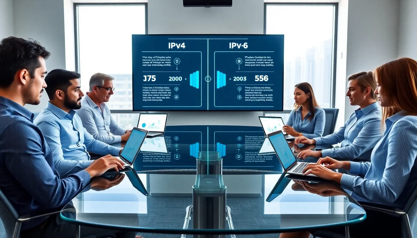 diverse team discussing IP addresses in a modern office.