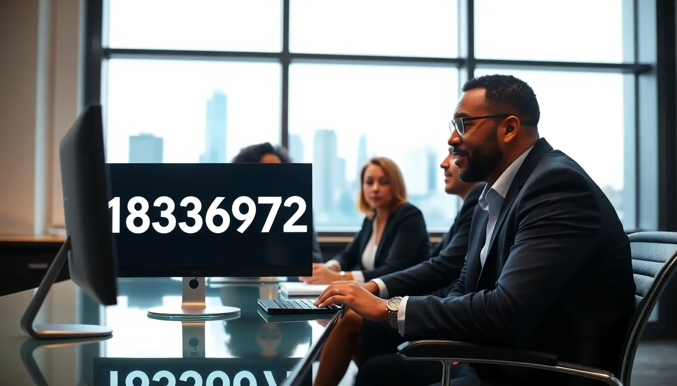 diverse professionals discussing a number in a modern office.