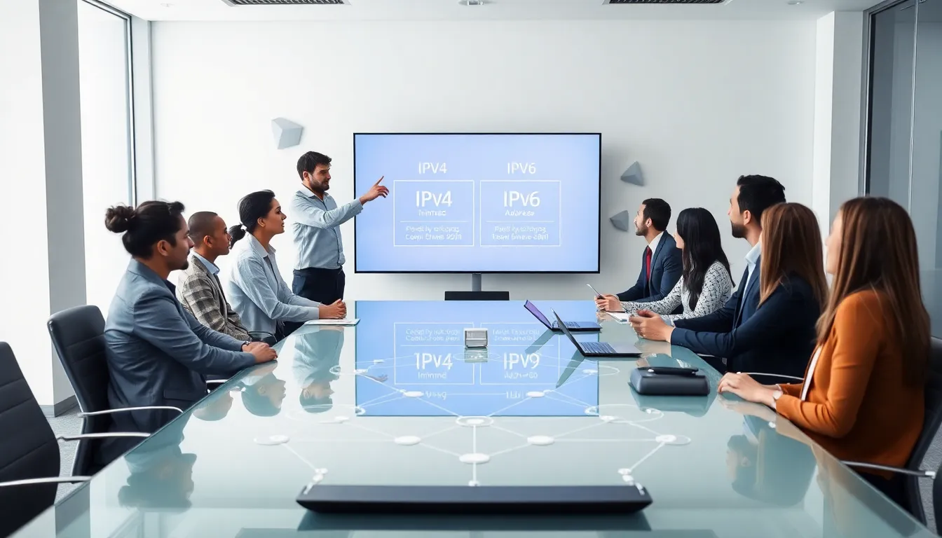 diverse IT team discussing IP addresses in a modern office.