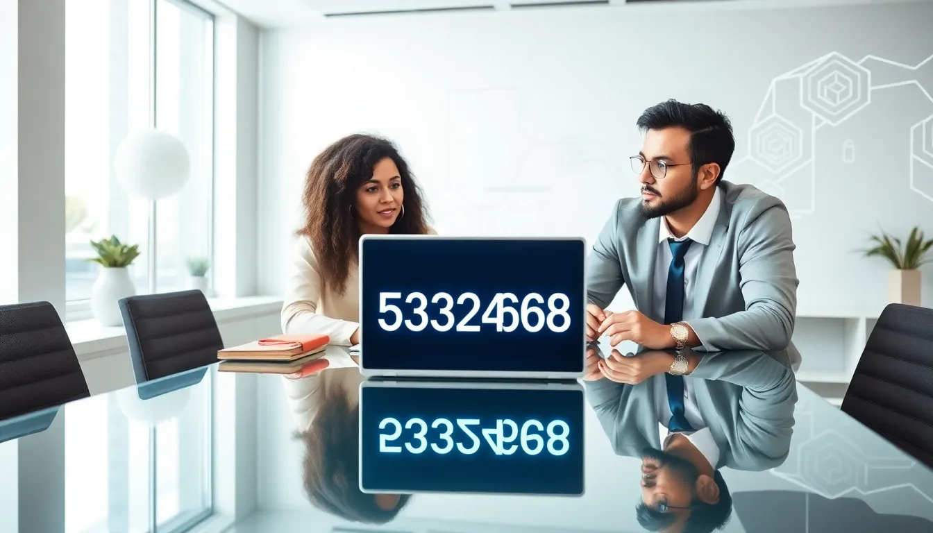 IT professionals discussing a digital identifier in a modern office.