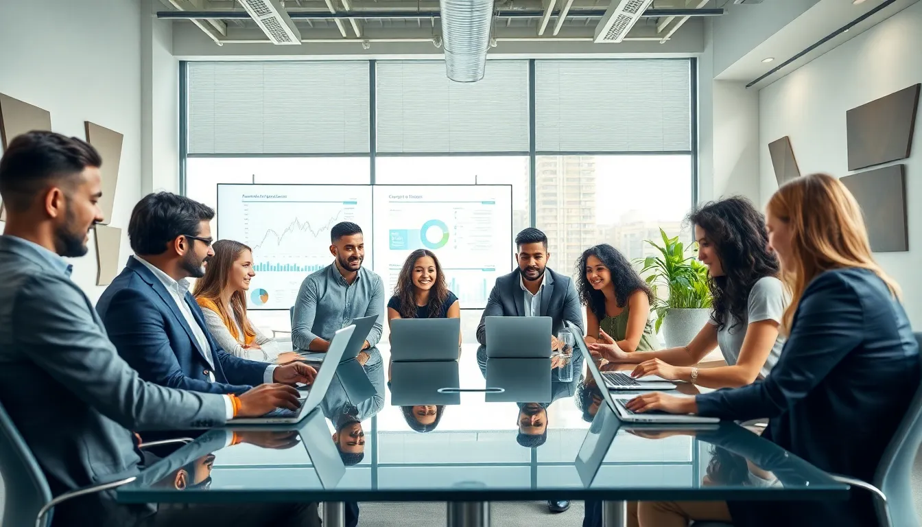 diverse team collaborating in a modern office on technology solutions.